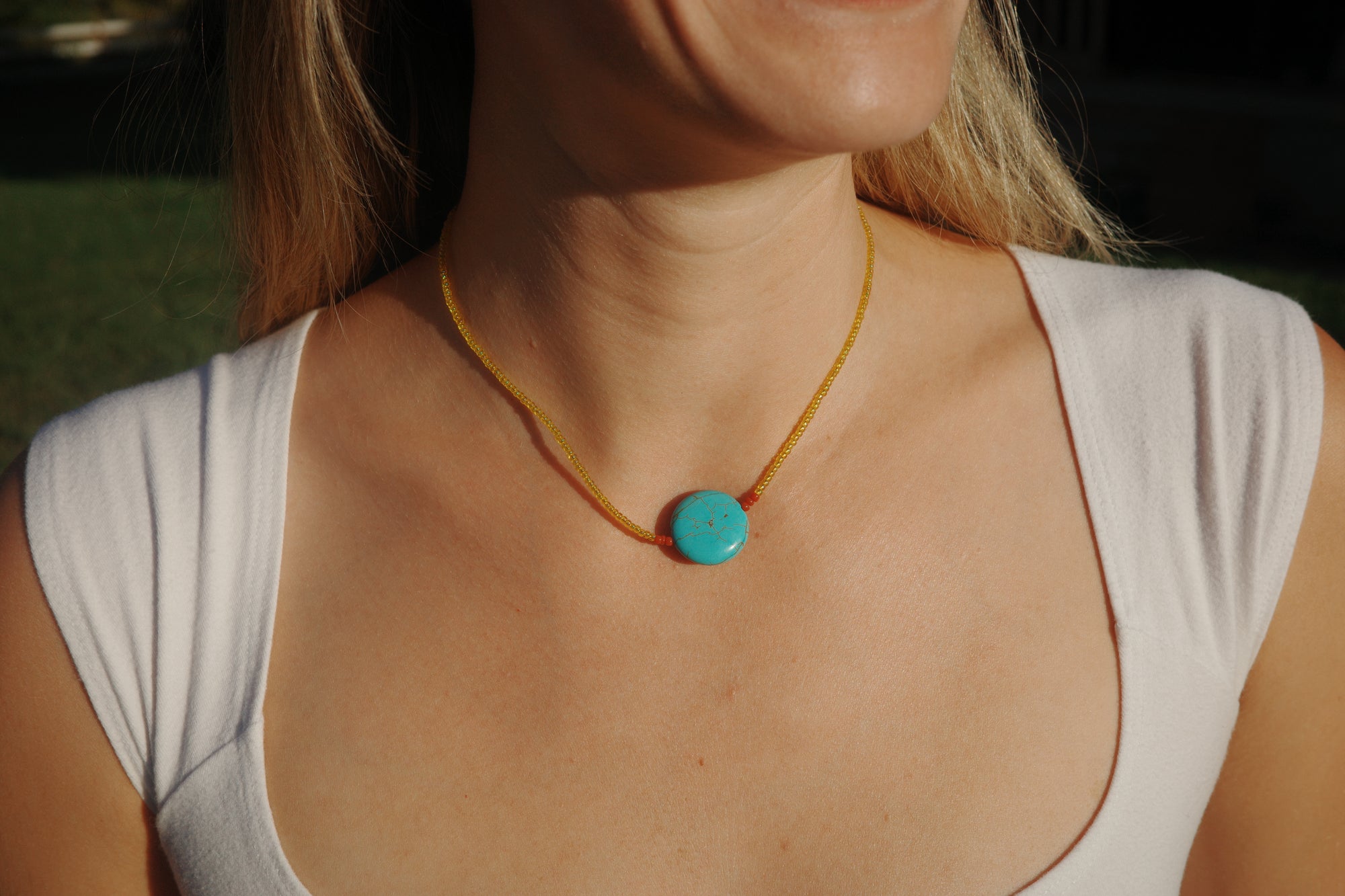 Blue moon with red accent necklace