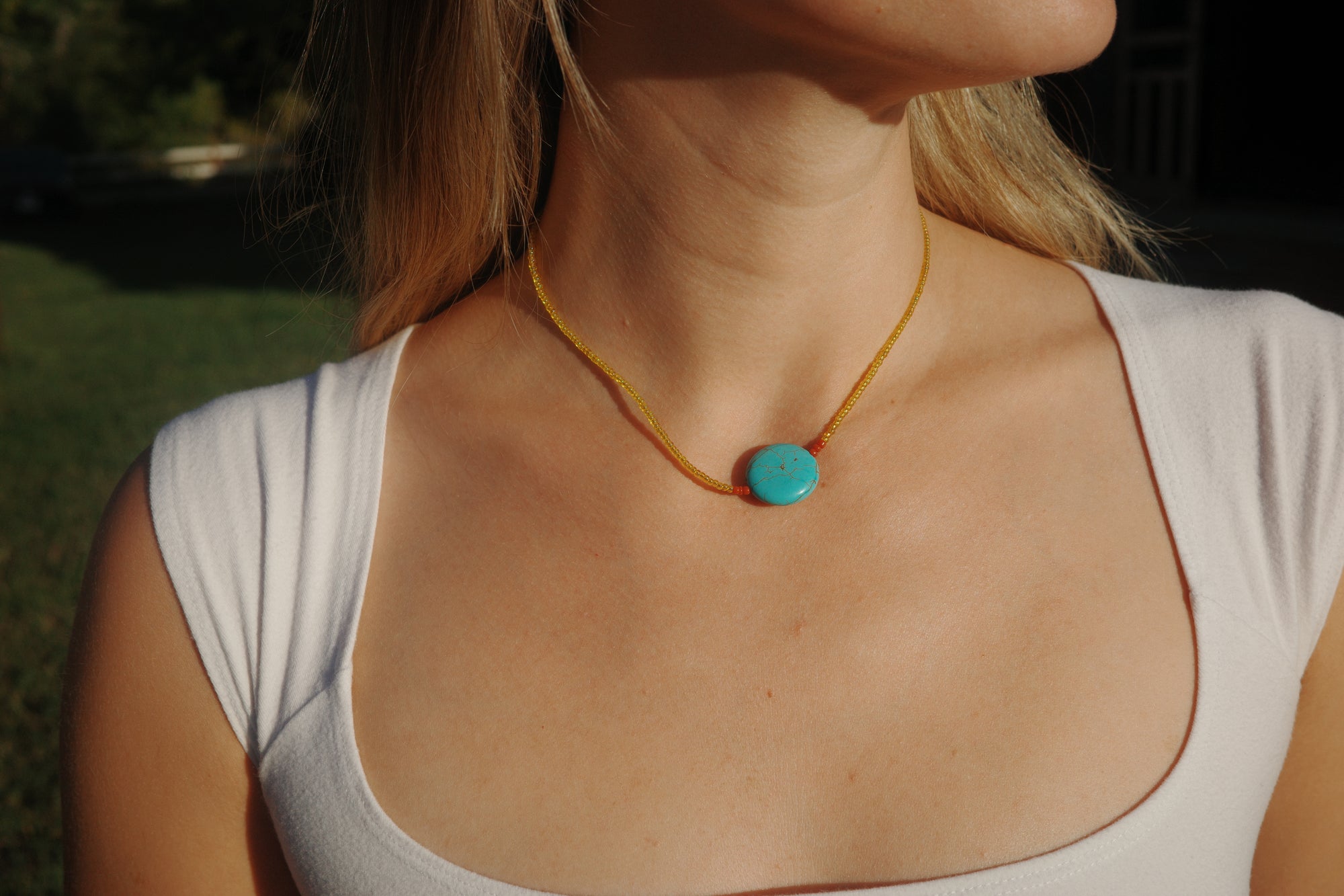 Blue moon with red accent necklace